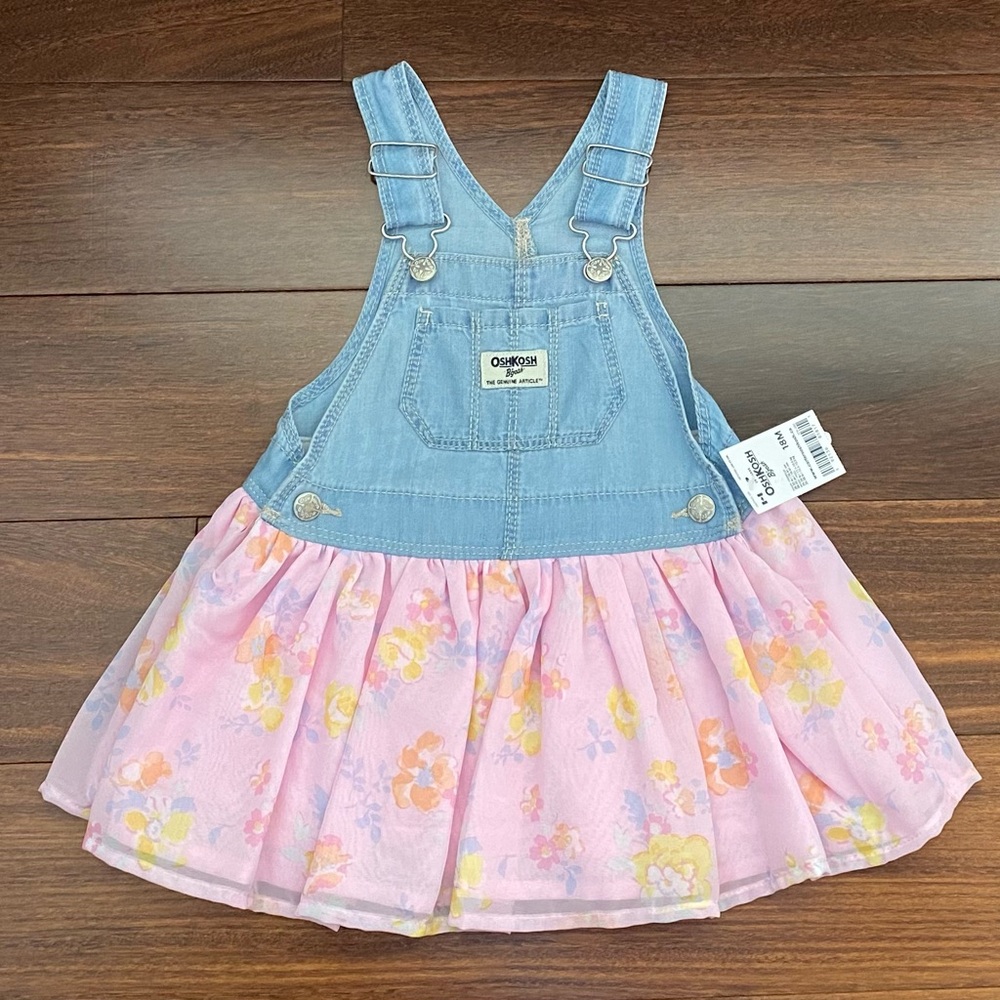 BNWT OshKosh B'gosh Blue Denim Dress with Pink Floral Skirt